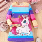 Robe Licorne Lili Arc-en-Ciel pour fille avec manches longues et motif licorne coloré