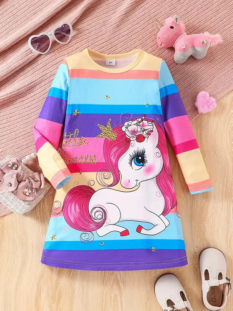 Robe Licorne Lili Arc-en-Ciel pour fille avec manches longues et motif licorne coloré